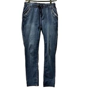 Asian Fashion Women Elastic Waist Blue StraightLeg Jeans SizeM Side/back Pockets